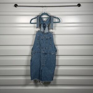 GAP Denim Jean Overalls Shorts Womens Size L Blue Frayed Hem